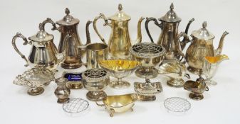 Collection of silver plate including five coffee pots, rose bowls, swing-handled bowls,