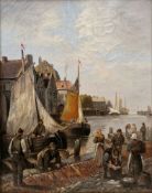Kirk Van Hoom (19th/20th century) Oil on canvas Dutch harbour scene, signed lower left, in elaborate