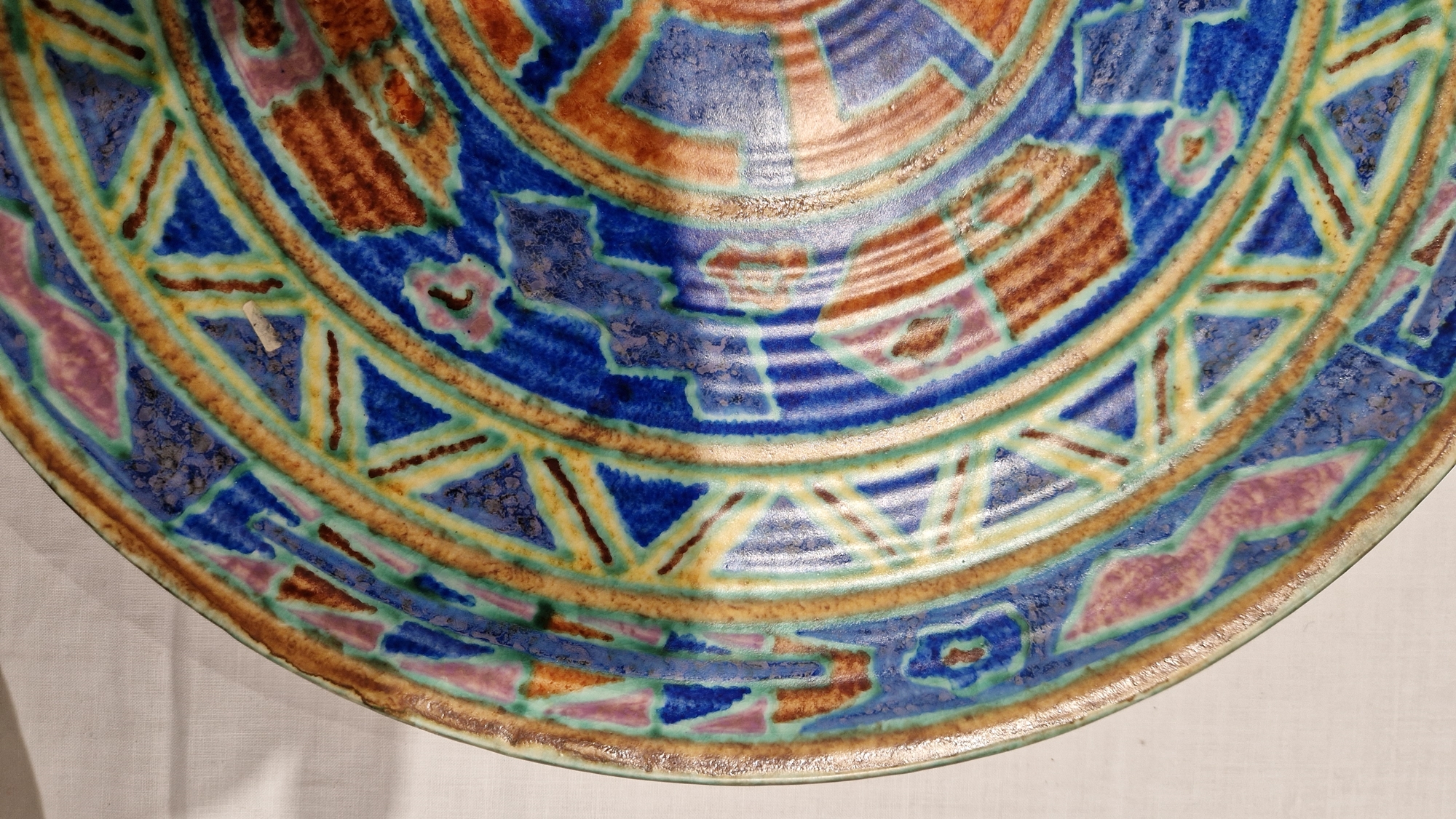 English pottery Art Deco charger, probably by Charlotte Rhead, indistinct blue marks to reverse, - Image 4 of 14