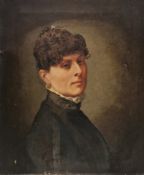 Late 19th century British school  Oil on canvas Portrait of a lady, turning to the right, in high-