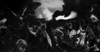 Ed Org (b.1955) Pencil on paper  The Fall of the Black Gate, from Lord of the Rings, signed and