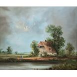 R. Marshall (erly 20th century) Oil on board Rural scene with river, dwelling and figure, signed