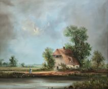 R. Marshall (erly 20th century) Oil on board Rural scene with river, dwelling and figure, signed