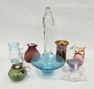 Group of studio glass including a Cowdy flared cylindrical purple iridescent vase, etched mark to