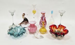 Bob Crooks First Glass amber-colour ball candlestick on clear spiral stem, etched signature and