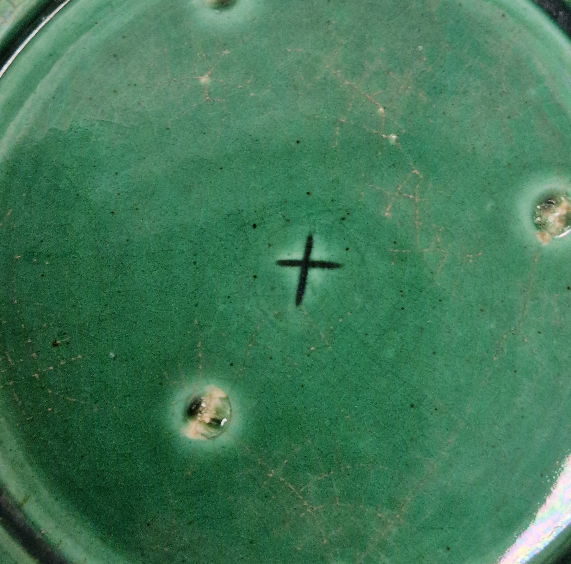 Group of English green glazed majolica leaf moulded dishes, late 19th century, one impressed - Image 3 of 3