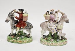 Pair of 19th century Derby figures of the Welsh tailor and his wife, iron red crowned cross batons