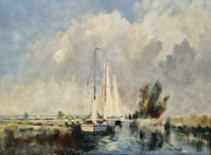 John Croft (1923) Oil on board  Yachts on the RIver Waveny, Suffolk, signed and dated '83 lower