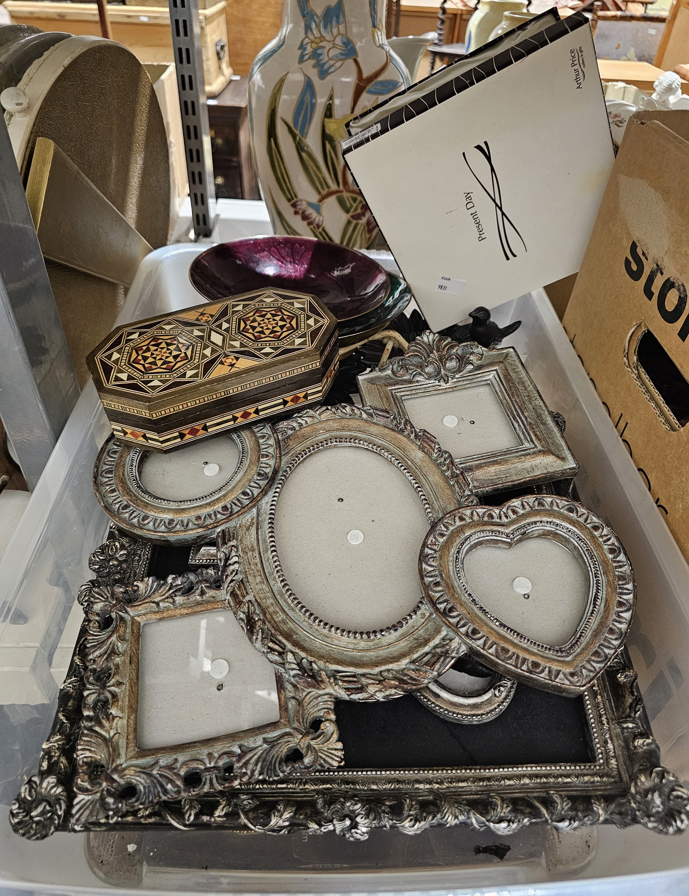 Quantity of modern photograph frames of various sizes, two modern enamelled metal bowls, inlaid