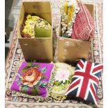 Two boxes of cushions including velvet and tapestry examples (2 boxes)