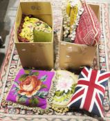 Two boxes of cushions including velvet and tapestry examples (2 boxes)