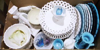 Collection of Victorian opaque glass dishes and baskets in blue and white, various press moulded