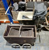 Mid-century doll's pram with grey hood and chassis, a painted wooden doll's pram and a basket