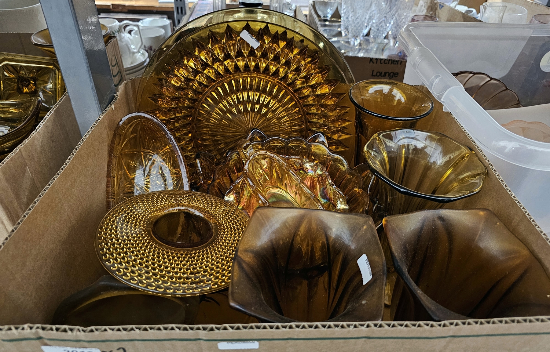 Quantity of carnival glass and other coloured glassware including plates, vases, dishes, etc (2