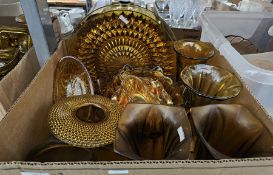 Quantity of carnival glass and other coloured glassware including plates, vases, dishes, etc (2