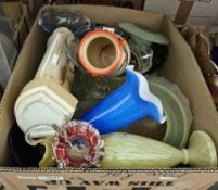 Quantity of glassware including Carnival glass bowls and dishes, spiral green glass spill vase