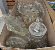 Assorted coloured glassware including two blue glass vases, coloured glass lidded dish and a