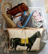 Country Cognac genuine leather and tweed handbag, quantity of fabric pencil cases containing