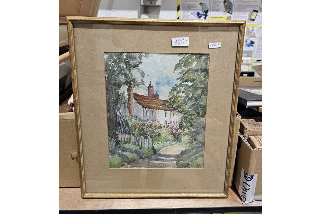 Assorted pictures, including: a highland lake landscape watercolour, unsigned, cottage in garden - Image 3 of 12