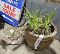 Large terracotta garden pot with dragon decoration and a clamshell form birdbath (without base) (2)