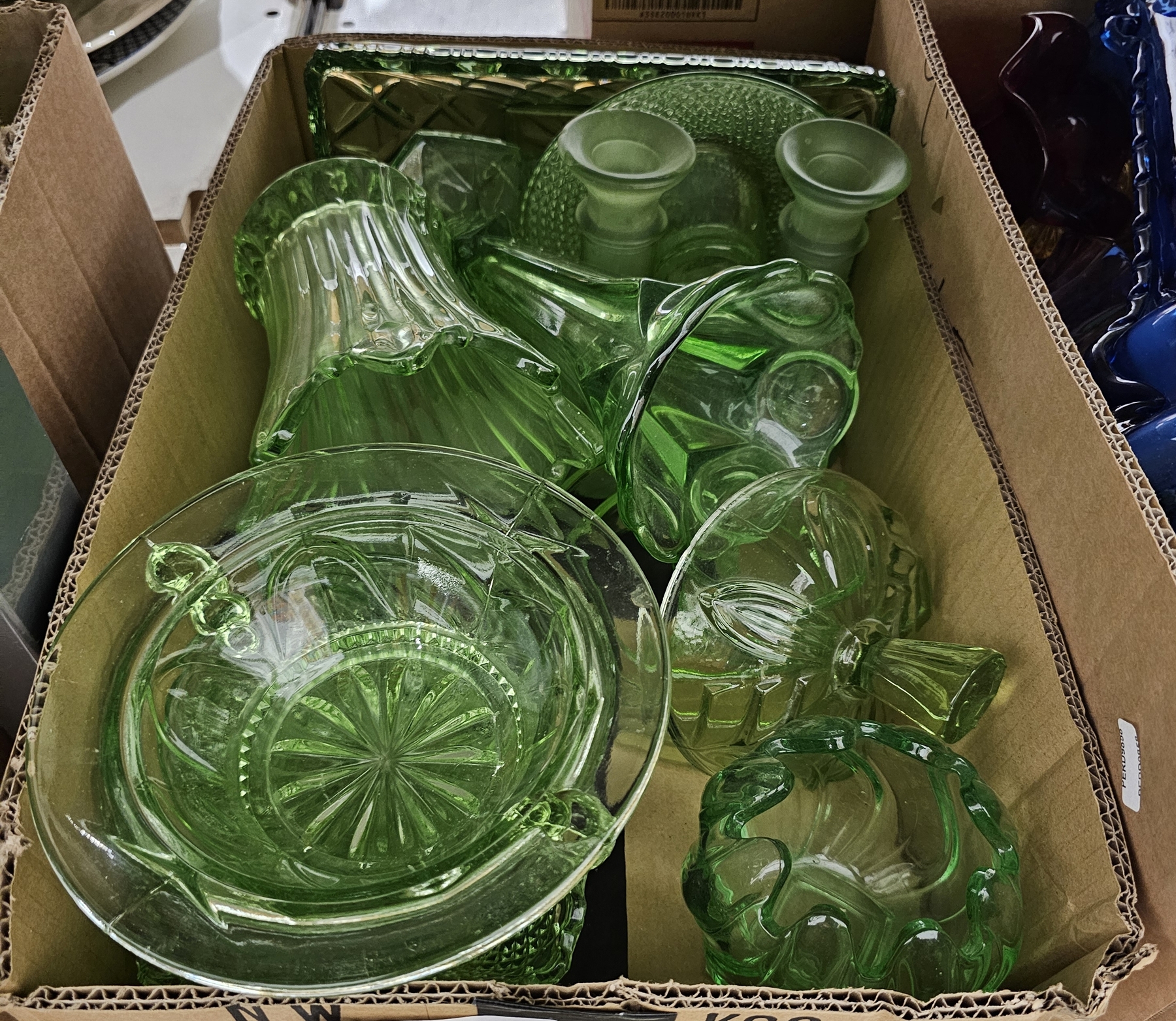 Assorted carnival glass and other glassware to include pair of candlesticks, coloured glass vases, - Image 2 of 2
