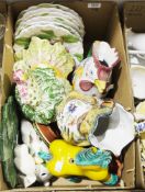 Collection of press moulded and other glassware including a Mdina stopper, various green stemmed