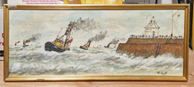 Oil on board signed Peter Joseph depicting boats at harbourside with onlooking crowd