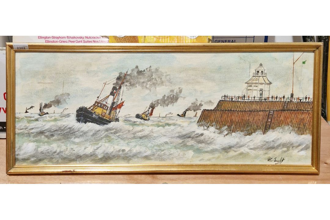 Oil on board signed Peter Joseph depicting boats at harbourside with onlooking crowd - Image 1 of 2