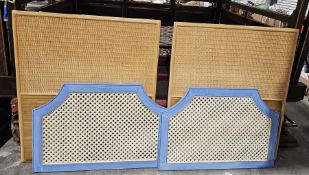 Pair of rattan-effect modern bedheads and a pair of wooden lattice blue painted border bedheads
