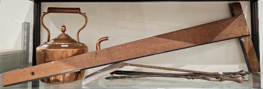 19th century three-piece fire iron set comprising shovel, poker and tongs, large wooden draftsman