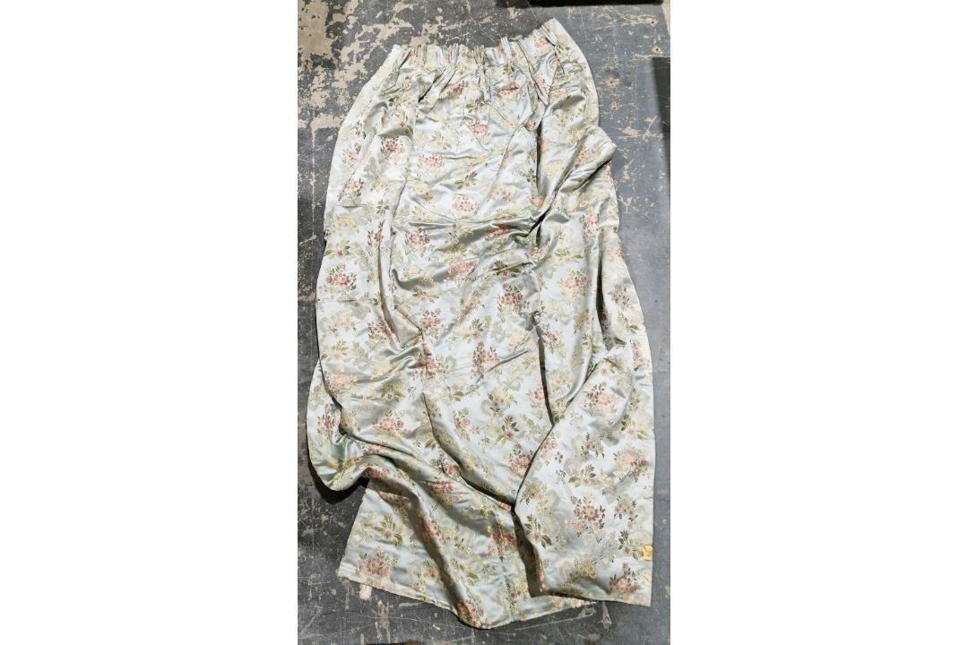 Six blue ground modern brocade silk curtains contained within large brass bound trunk  Condition - Image 1 of 5