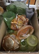 Assorted carnival glass and other glassware to include pair of candlesticks, coloured glass vases,