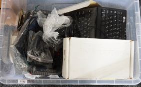 Two boxes of leads, power supplies, USB keyboards, electronic components, other items and two