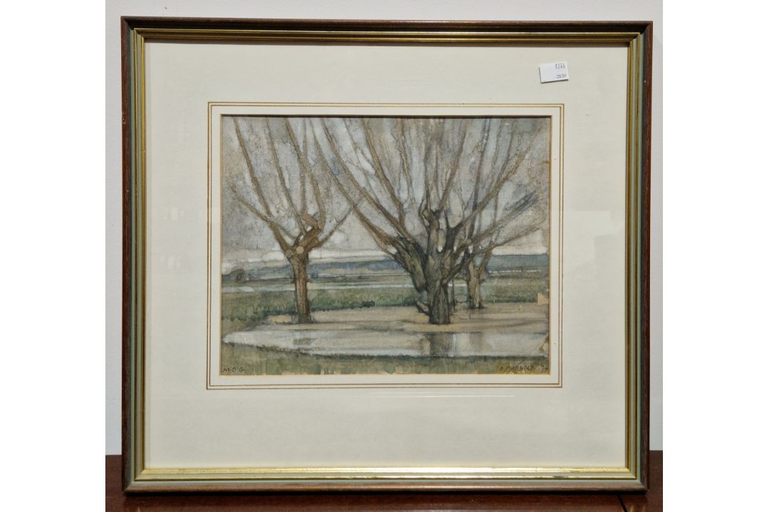 Collection of pictures including landscape scene with man fishing, signed, watercolour of trees by B - Image 8 of 15