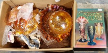 Box of carnival glass predominantly dishes and bowls in orange/gold tint and a copy of Carnival