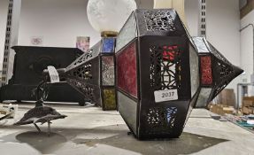 Moroccan-style coloured glass and metal pendant ceiling light with decorative coloured glass panels