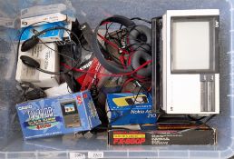 Collection of headphones, a Casio FX-850p personal computer, a Casio TV-2700 mini television, a