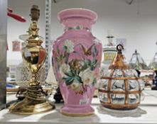 Arts & Crafts style pendant light shade, a blue and white Chinese-style vase converted into a