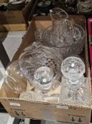 Four Edinburgh crystal Tain tumblers, three various glass decanters, assorted wine glasses,