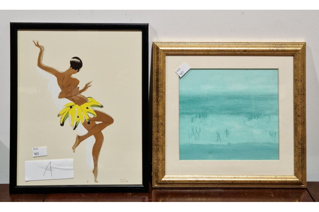 Collection of pictures including landscape scene with man fishing, signed, watercolour of trees by B - Image 6 of 15