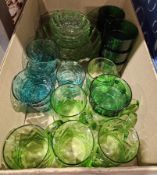 Six possibly Thomas Webb wave green glass tankards, six modern-style green glass dessert bowls and