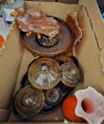 Pair of vintage Chinese orange cased glass plum blossom decorated vases, an iridescent carnival