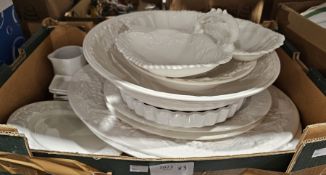 Quantity of white ceramics including serving plates and dishes, milk jug, etc by makers such as Rose