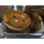 Quantity of carnival glass including golden amber bowl on glass and gilt metal pedestal stand, an