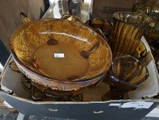 Quantity of carnival glass including golden amber bowl on glass and gilt metal pedestal stand, an