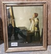 Print of woman with a pearl necklace after Johannes Vermeer, bronze effect metal framed wall