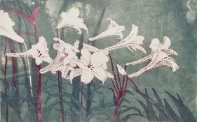 Gallimead reproduction print, Le Fagot Attendu and a coloured lithograph of lilies after Valerine