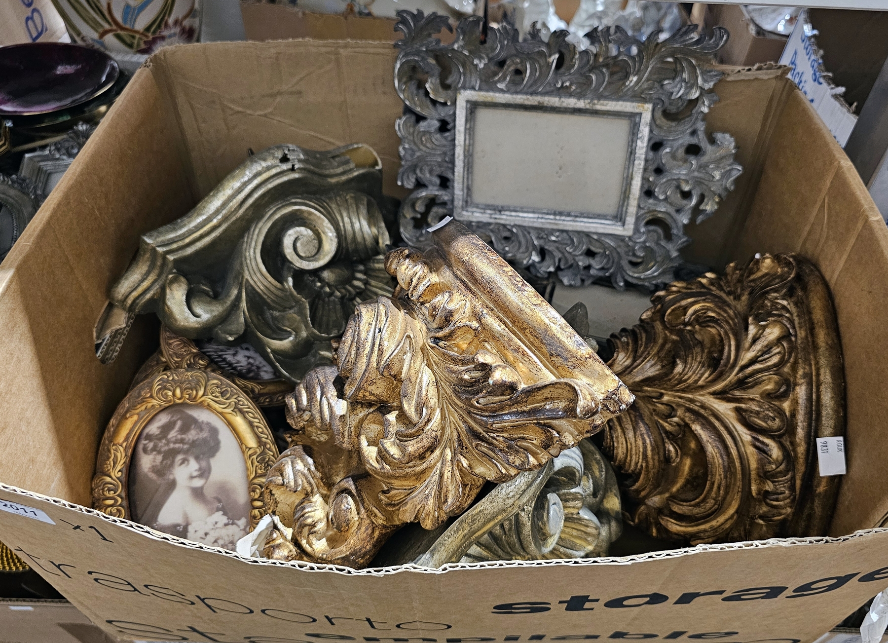 Two modern pairs of plaster/resin wall brackets, gilt decoration (both damaged) and various