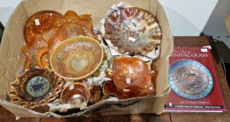 Large box of carnival glass dishes, bowls, cups and other items of pressed moulded glass,