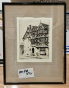 Etching of Lanes Hospital, Ludlow by Peter Grahame and a gilt framed oval wall mirror with floral